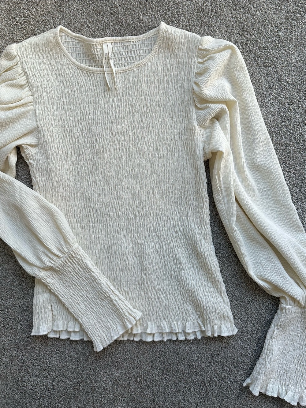 Anthropologie Cream Smocked Long-Sleeve Blouse